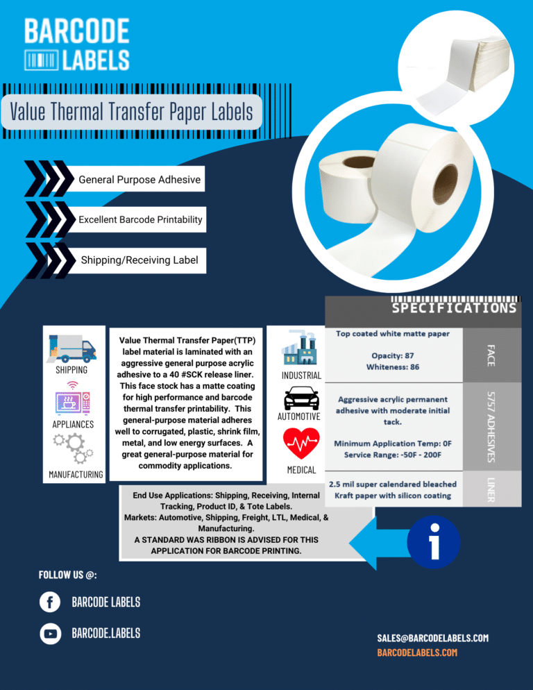 4" X 6" Thermal Transfer Paper Label, 3" Core - Barcode Labels